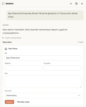 Demo Mağaza Asistanında henüz uygulanmamış Kayıt planı; bağlantılı öneri kartları