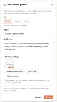 Demo Mağaza'da gönderilmemiş geri bildirim önerisi; başlık, açıklama ve ekran görüntüsü önizlemesi