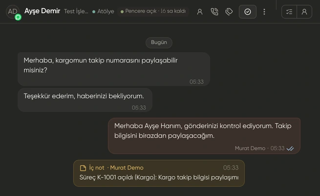 Gelen kutusunda müşteri sohbeti, atama ve süreç bilgileri; kurgusal demo verileri