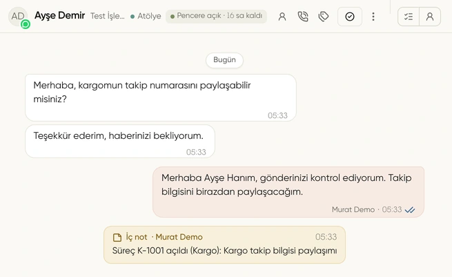Gelen kutusunda müşteri sohbeti, atama ve süreç bilgileri; kurgusal demo verileri