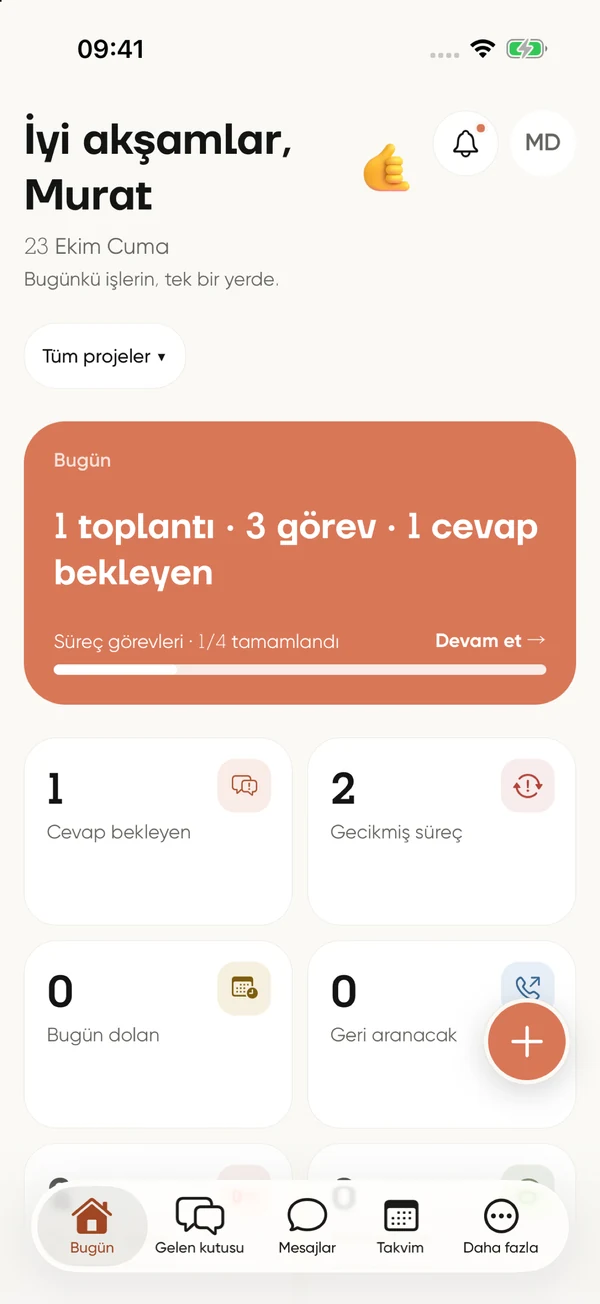 İletişim iOS uygulamasında yenilenen Bugün ekranı; kurgusal demo verileri